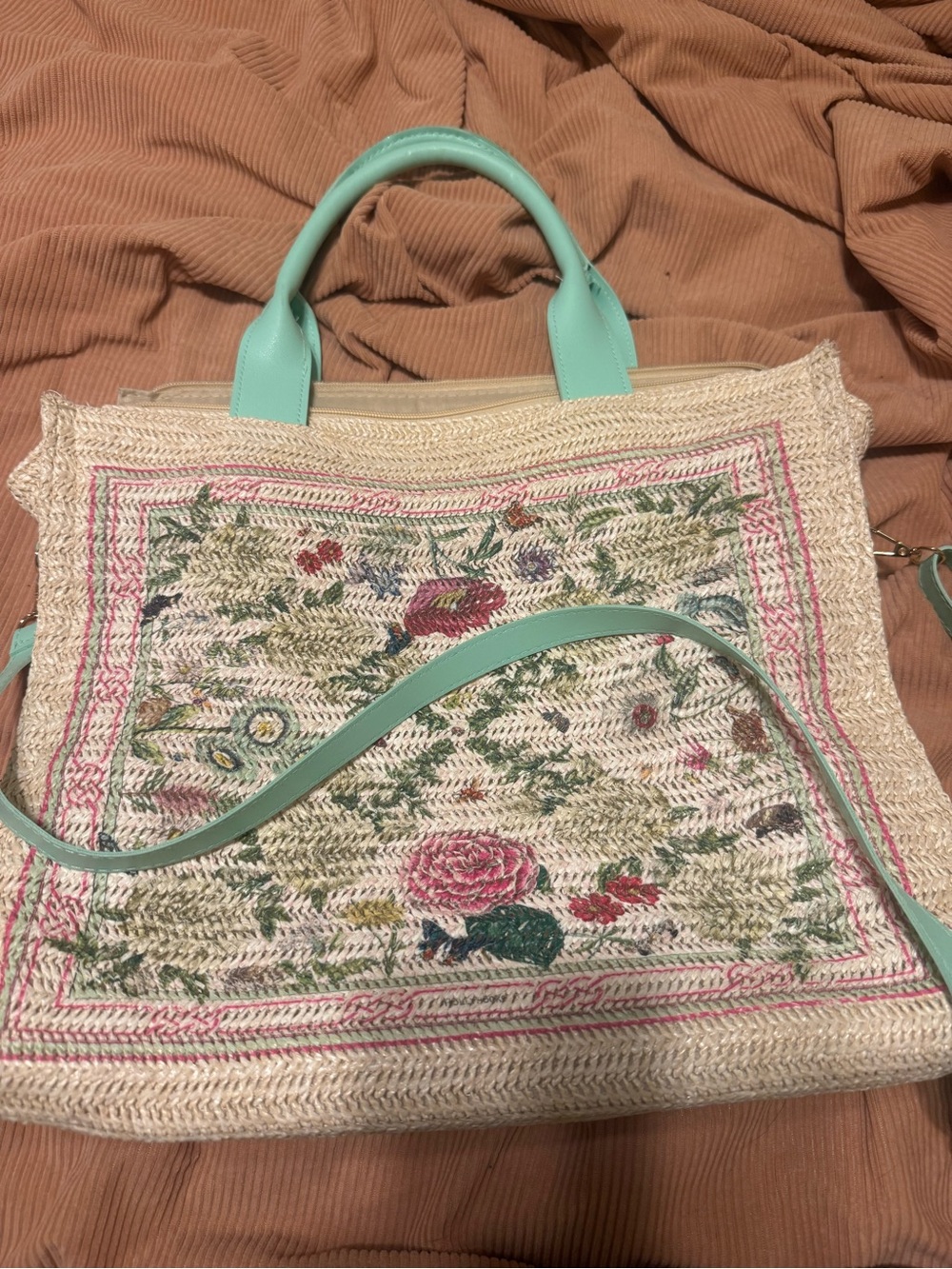 Embroidered Straw Tote with Mint Handles